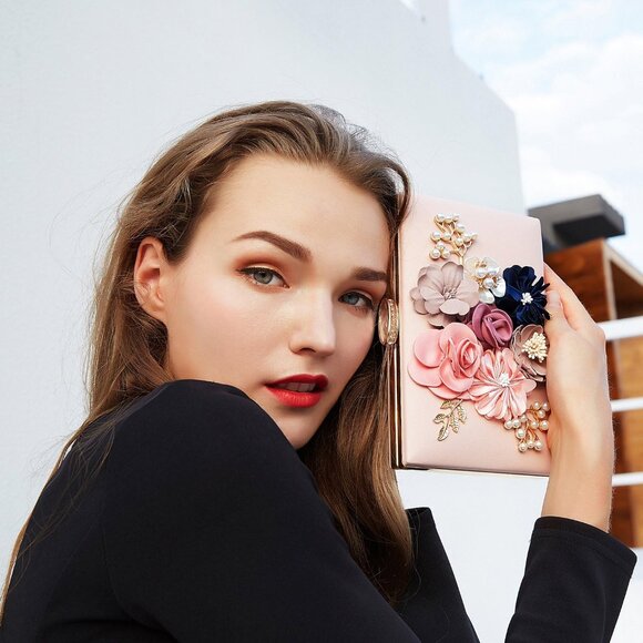 Women's Light Pink Flower Metal Leaves Evening Bride Wedding Floral Clutch Bag - Picture 8 of 9